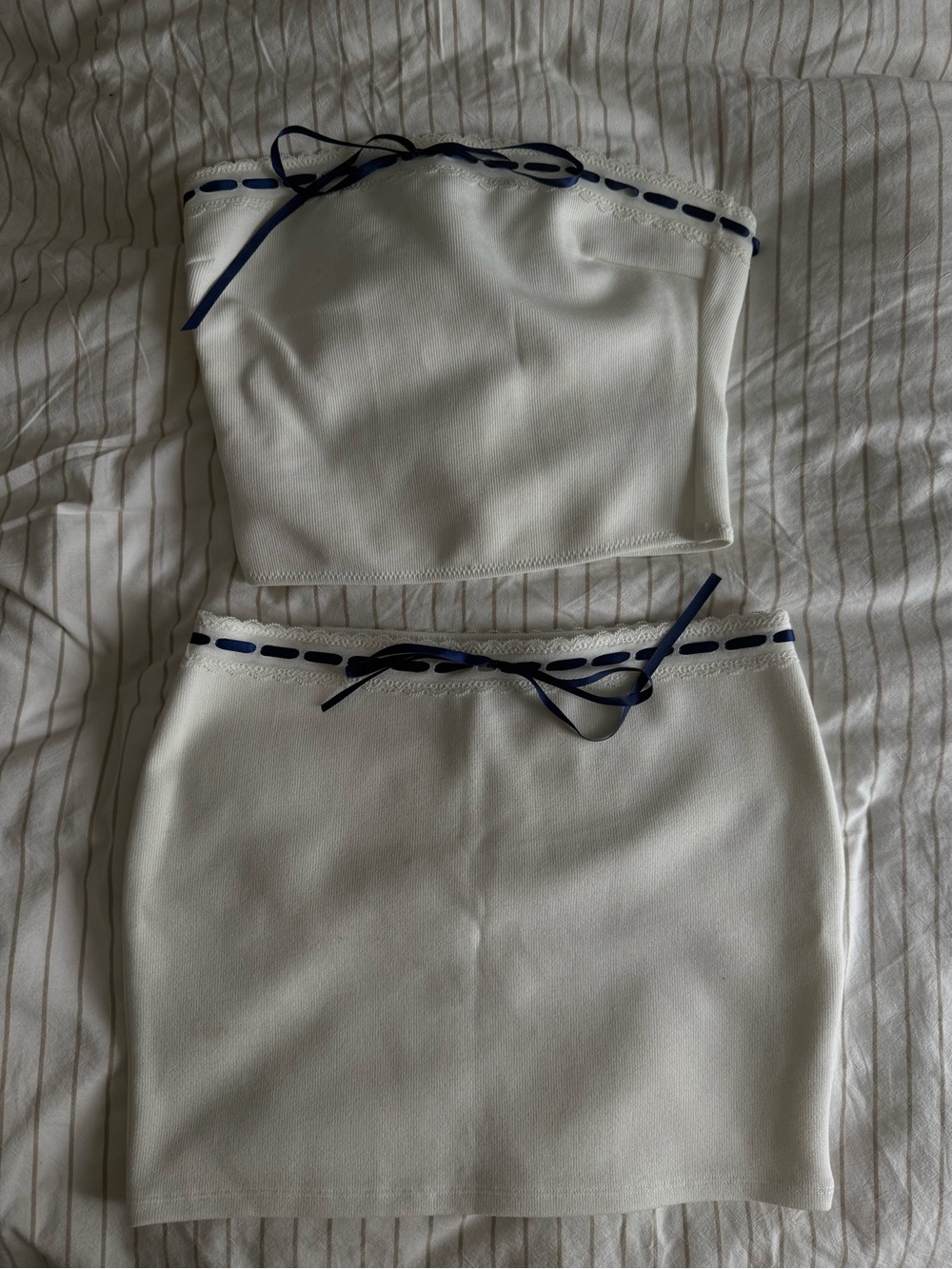 White Fox Boutique White Strapless Tube Top & Mini Skirt Set with Navy Ribbon